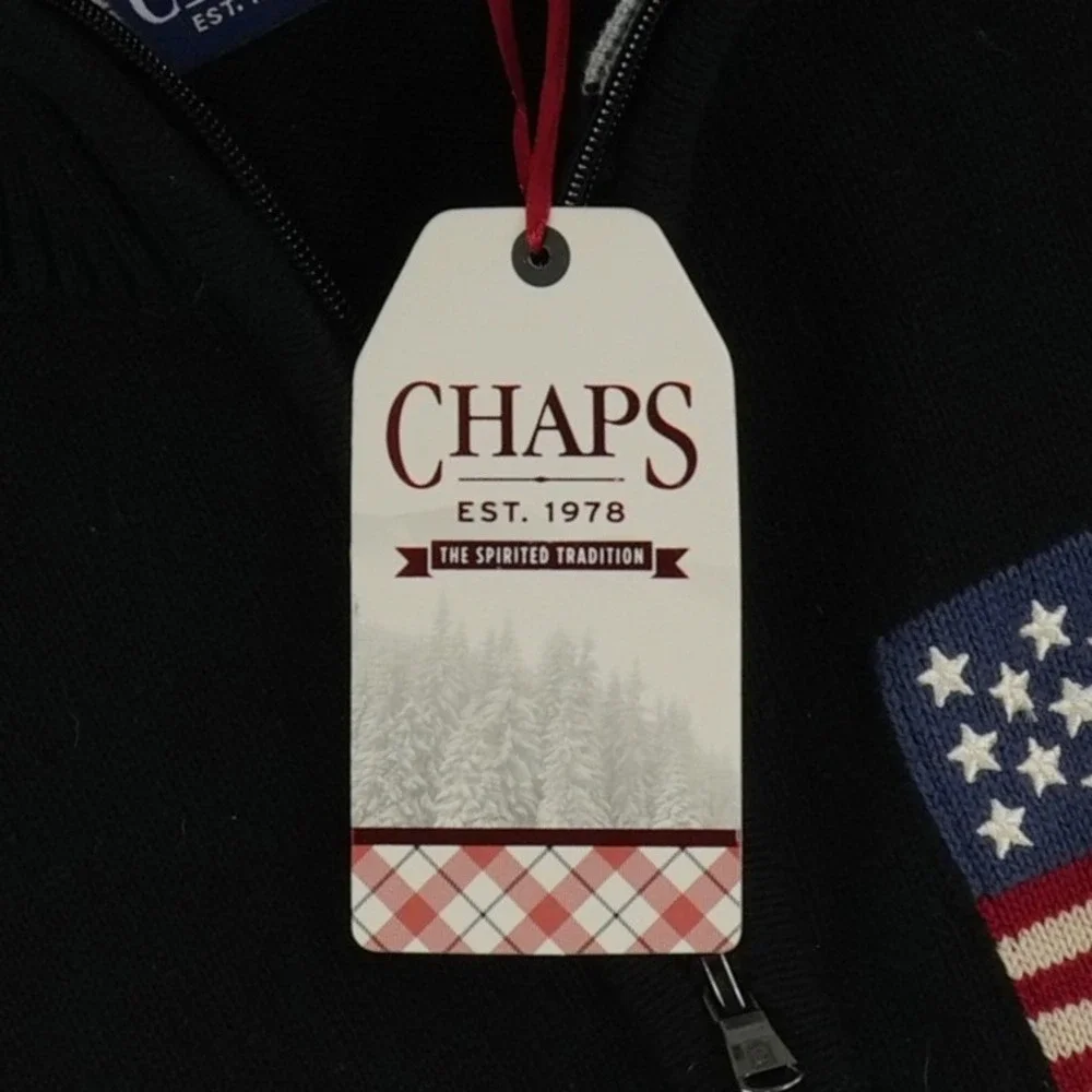 NEW Chaps American Flag Sweater Quarter Zip Men's‎ Size XXL Black 100% Cotton